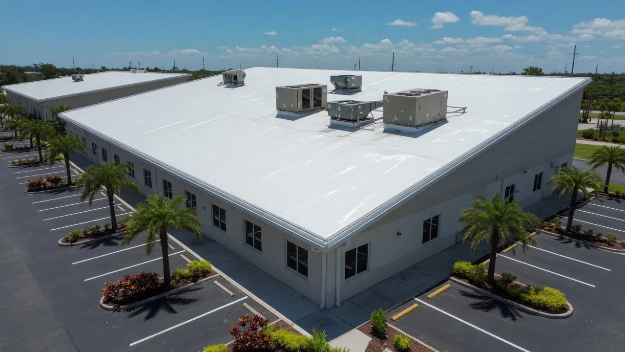 Low-slope commercial building with a white membrane roof in Florida
